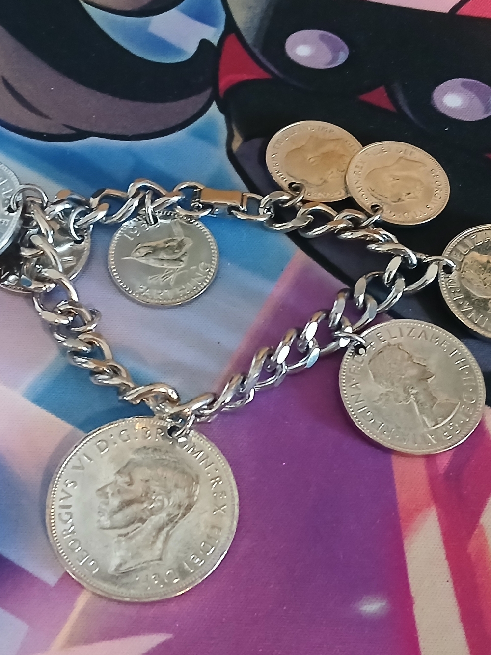 Silver-Tone Coin Charm Bracelet - Men Accessories Unisex Vntg UK